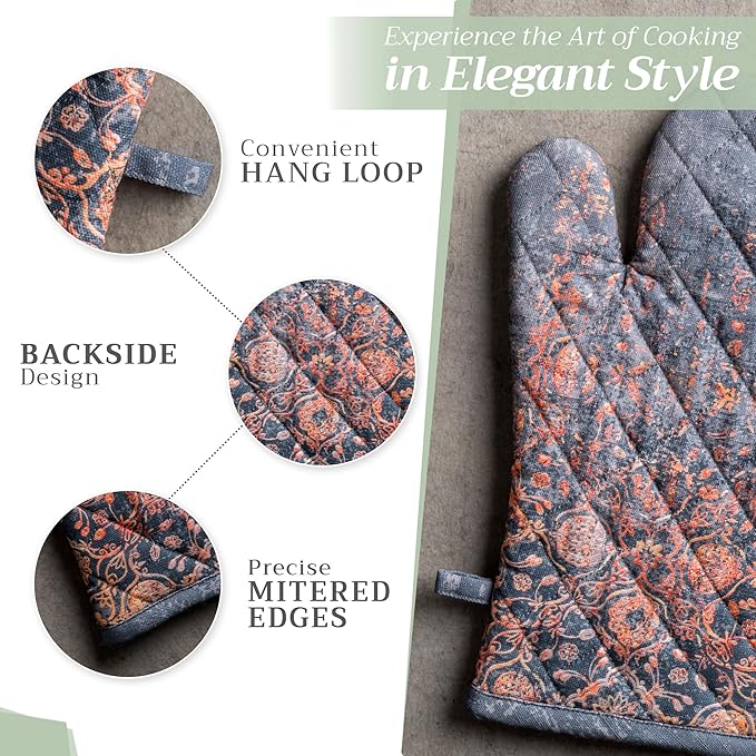 Maison d' Hermine 100% Cotton Oven Mitt & Pot Holder Set (7.5"x13" & 8"x8") Heat Resistant BBQ Cooking Gloves with Loop, Baking, Grilling, Kitchen, Handling Hot Pans (Imperfection)