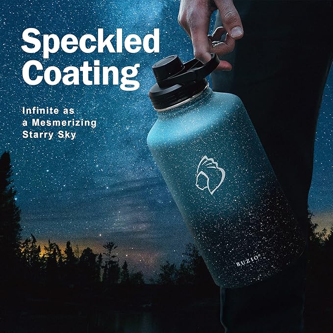 BUZIO 64 oz Water Bottle Insulated with Straw & 3 lid and Carrying Pouch, Leak Proof Half Gallon Stainless Steel Water Flask Jug, Cold for 48 Hrs Double Vacuum Thermo Canteen, BPA-Free, Starry Indigo