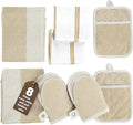 Casa Platino Pot Holders and Oven Mitts, 8-Piece – 500°F Heat Resistant Mini Oven Mitts with Silicone Grip, Potholders for Kitchens, 2 Kitchen Towels & 2 Dish Cloths – Non-Slip & Durable – Beige