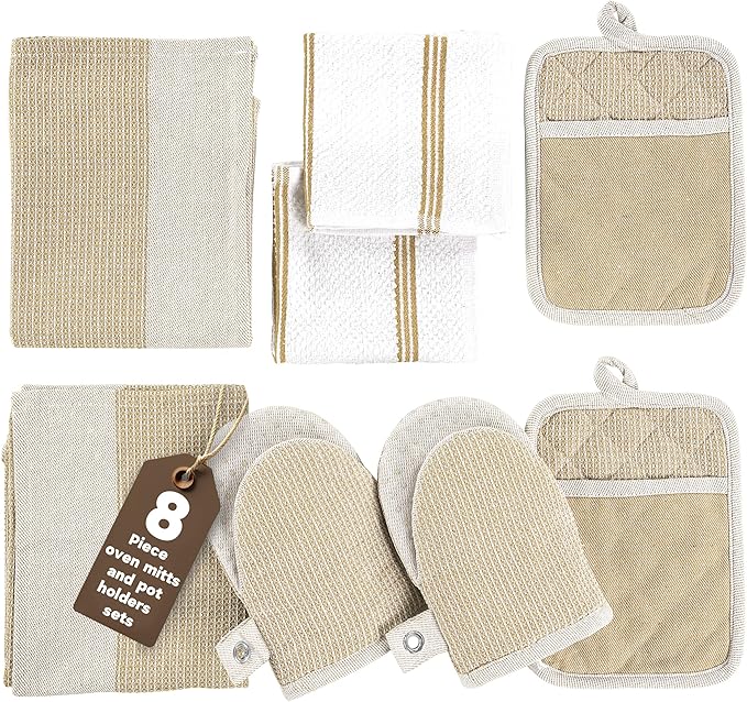 Casa Platino Pot Holders and Oven Mitts, 8-Piece – 500°F Heat Resistant Mini Oven Mitts with Silicone Grip, Potholders for Kitchens, 2 Kitchen Towels & 2 Dish Cloths – Non-Slip & Durable – Beige