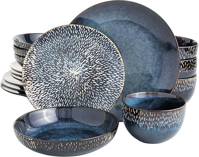 Gibson Elite Matisse 16 Piece Double Bowl Dinnerware Set, Cobalt Blue, Service for 4 (16pcs)