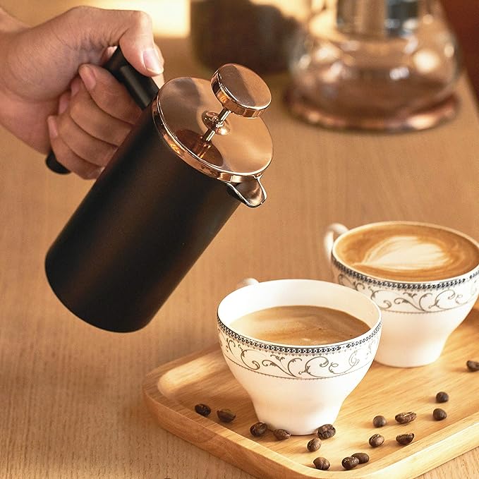 Small French Press 350ml Black, Double-Wall Insulated French Press Coffee Press Stainless Steel for travel camping, Single Cup Pour Over Coffee Maker Black(1 cup, 12 OZ)