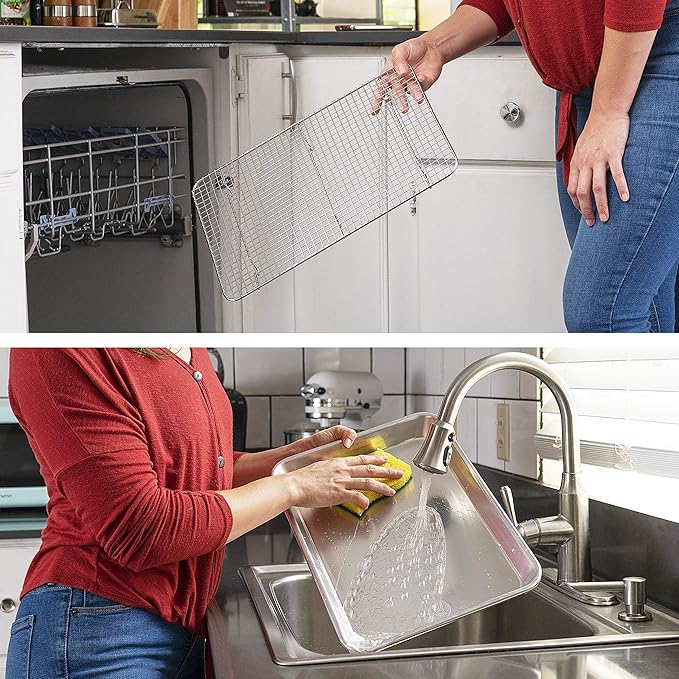 Ultra Cuisine Quarter Sheet Pan with Wire Rack Set - Includes Premium Aluminum Baking Sheet with 100% Stainless Steel Baking Rack, Dishwasher Safe Cookie Cooling Racks with 1/4 Pan Commercial Quality