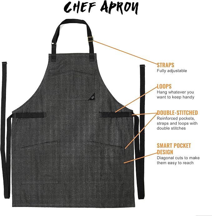 Under NY Sky Chef Apron – Professional Black Denim – Cotton Straps - Smart Pockets - Adjustable for Men and Women – Pro Chef, Cook, Kitchen, Baker, Barista, Bartender, Server Aprons