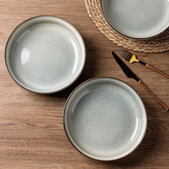 GBHOME 9'' Large Ceramic Pasta Bowls, 38oz Stoneware Pasta Serving Bowls Set of 4 for Kitchen, Wide Bowls for Fruit,Pasta,Salad,Oatmeal,Meal, Microwave Safe, Reactive Glaze-Green Wheat