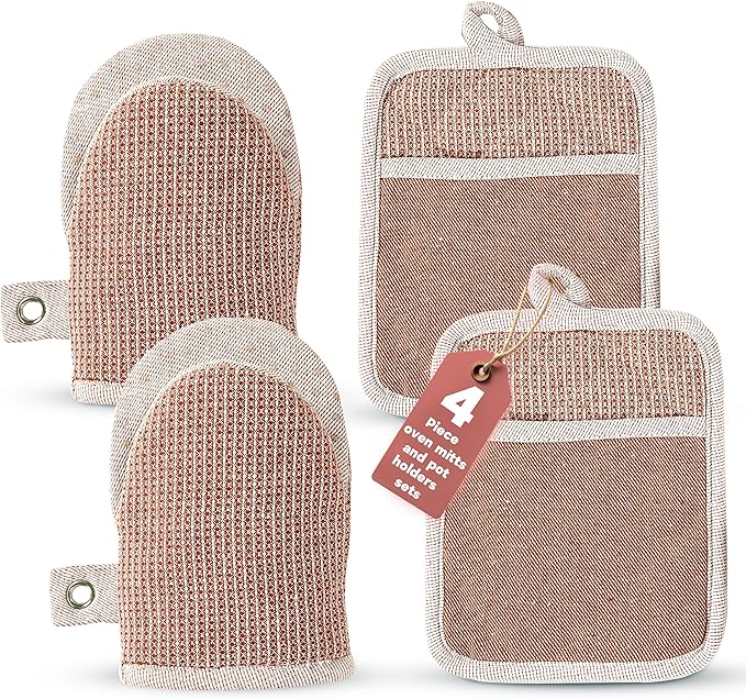 Casa Platino Cute Oven Mitts & Pot Holders, 4-Piece – Oven Mitts Heat Resistant for Grilling & Baking, Pot Holder for Hot Cookware & Microwave – Withstands Up to 500°F, Non-Slip – Canyon Rose