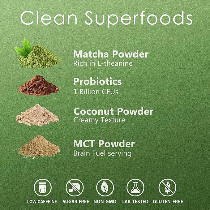 Mushroom Matcha Latte, Ceremonial Matcha Green Tea Powder with 14 Mushrooms, Probiotics and MCT Powder | Lion's Mane, Reishi & Chaga | Instant Latte Mix, Non-GMO, Vegan & Sugar-Free | 6.35 Oz