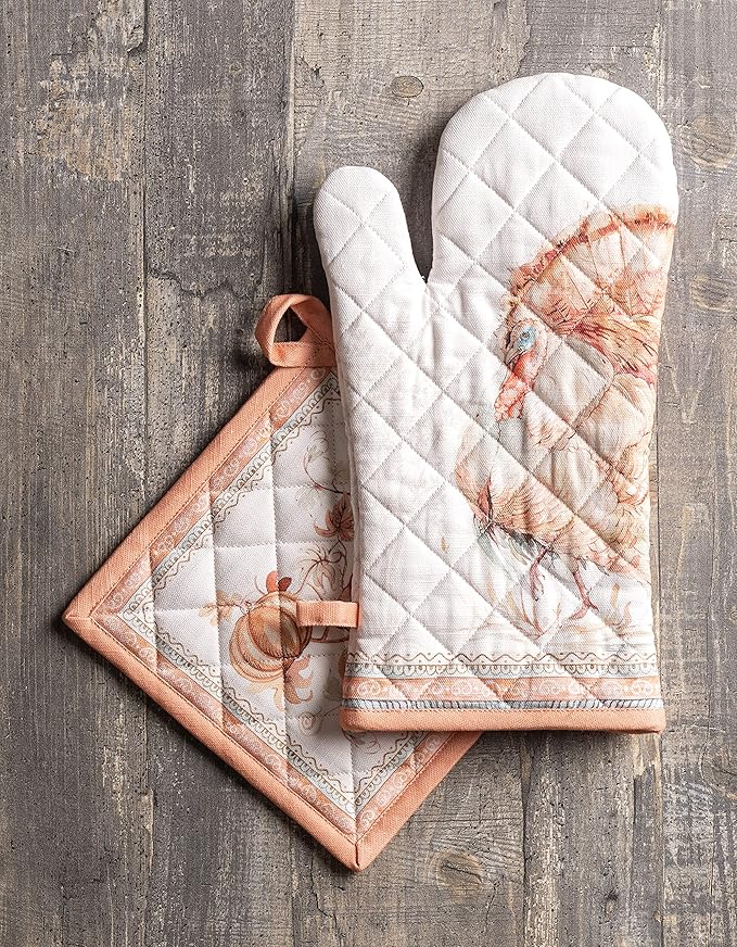 Maison d' Hermine 100% Cotton Oven Mitt & Pot Holder Set (7.5"x13" & 8"x8") Heat Resistant BBQ Cooking Gloves with Loop, Baking, Grilling, Kitchen, Handling Hot Pans (Giving Thanks)