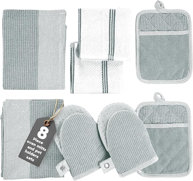 Casa Platino 8-Piece Mini Oven Mitt & Pot Holder Set – 500°F Heat Resistant with Silicone Grip, Includes 2 Kitchen Towels & 2 Dish Cloths for Drying – Non-Slip, Durable, Machine Washable – Grey