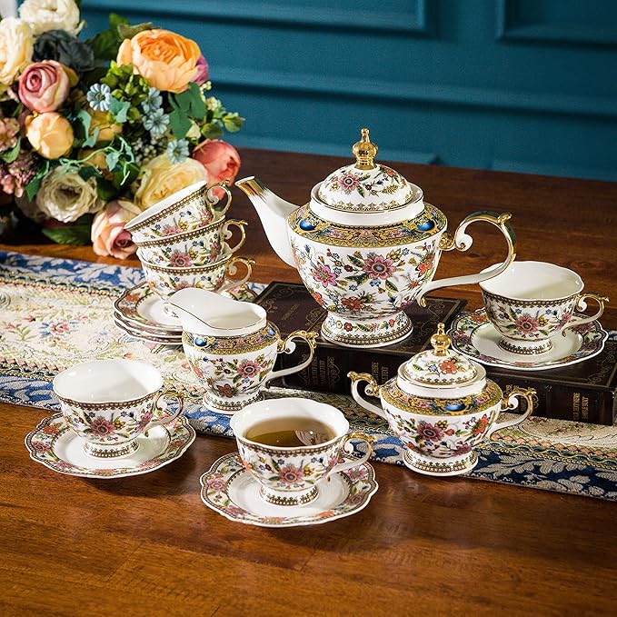 ACMLIFE Tea Set for Adults for 6, Blue and White Tea Set with Cups, Bone China Vintage Floral British English Tea Pot with Cups and Saucers for Women Party, Afternoon Service or Gift Giving (Pink)