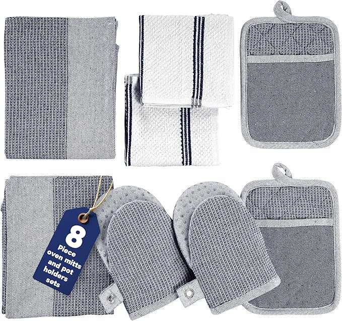 Casa Platino Mini Oven Mitts Set, 8-Piece – 500°F Heat Resistant Silicone Oven Mitts, Potholders for Kitchens, 2 Kitchen Towels & 2 Dish Cloths – Non-Slip & Durable – Indigo