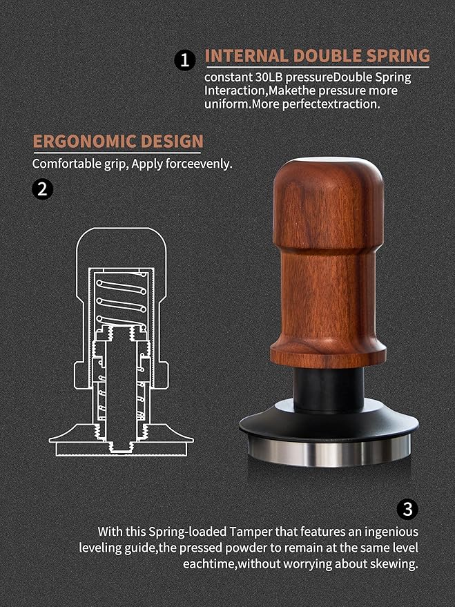 51mm Espresso Tamper, Premium Barista Coffee Tamper with Constant 30lb Calibrated Spring Loaded, Stainless Steel Base and Mahogany Handle. Fits for All 51mm Portafilters, Espresso Accessories